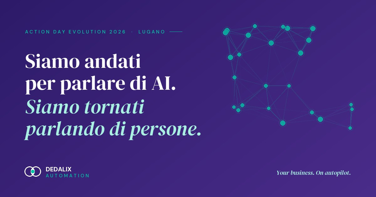 Dedalix cover for Fondazione Agire's Action Day Evolution 2026 in Lugano: we went to talk about AI, we came back talking about people