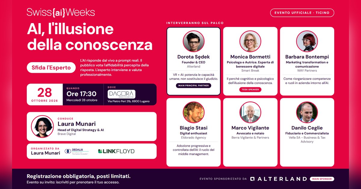 Locandina di «AI, l'illusione della conoscenza – Sfida l'Esperto», evento Swiss {ai} Weeks del 28 ottobre 2026 dalle 17.30 al Dagorà di Lugano, co-organizzato da Dedalix